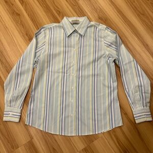 Eddie Bauer women’s button up striped shirt, size L, blue/white/green